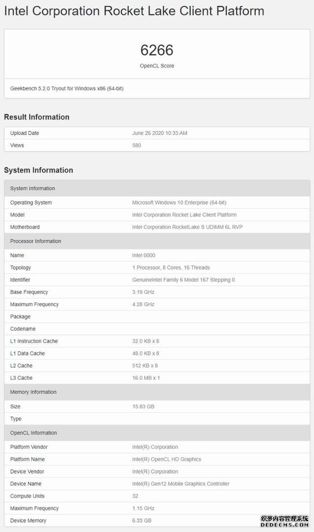 英特爾11代8核處理器Geekbenc跑分曝光 核顯略低于i7 10700K